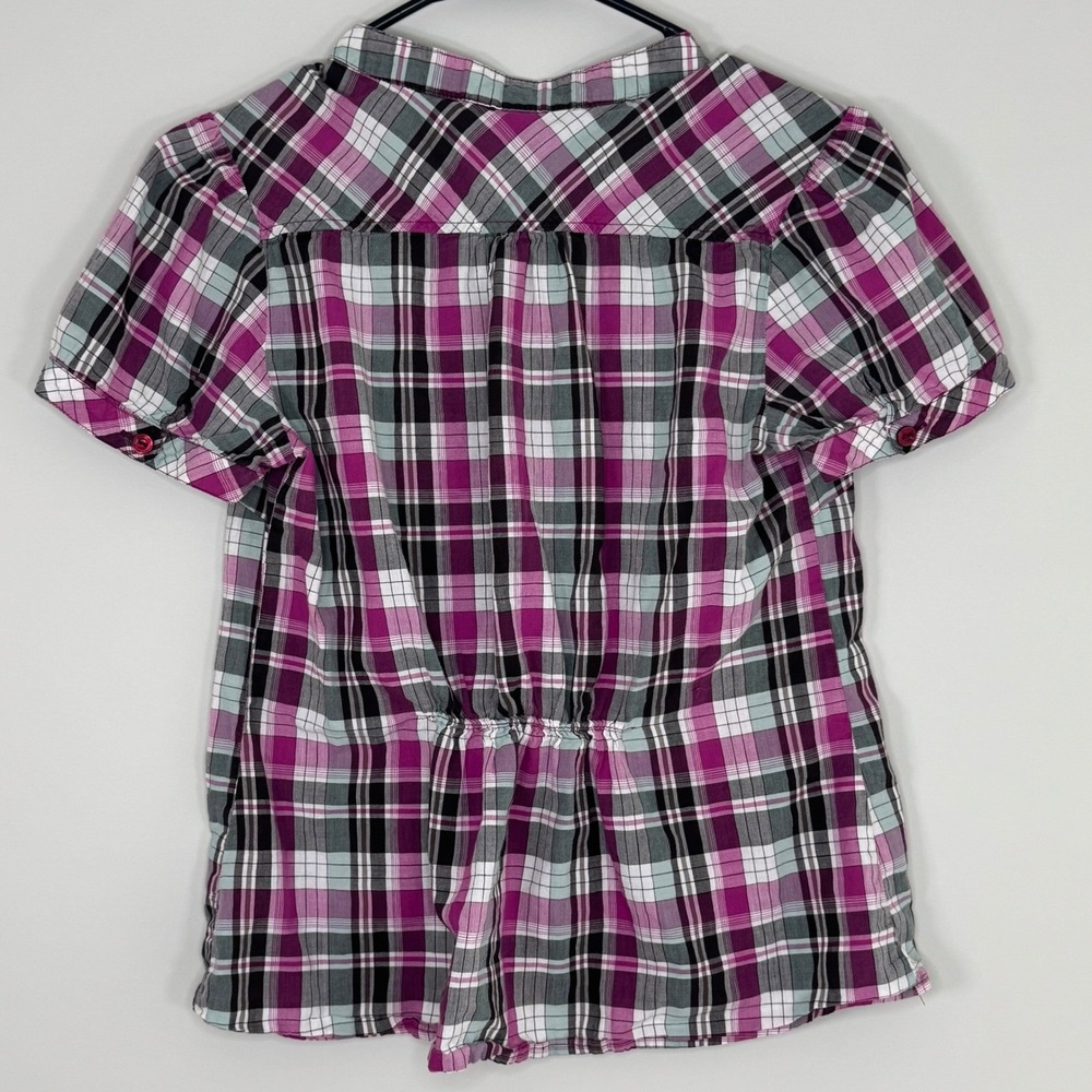 H&M Pink Black White Plaid Y2K Short Sleeve V-Neck Preppy Blouse Women's Size 10 - Picture 2 of 3